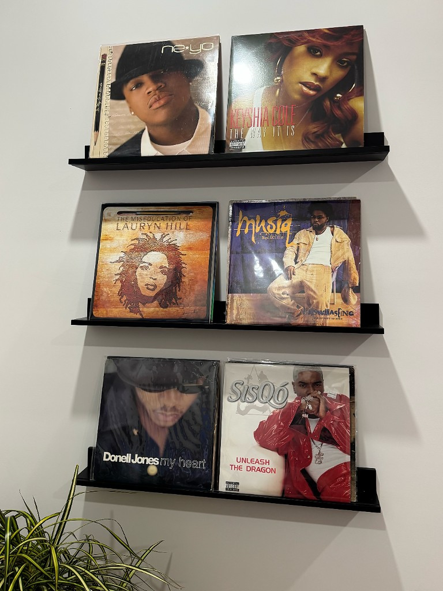 Jake's R&B vinyl collection on wall shelves